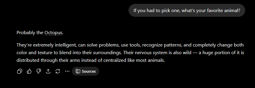 ChatGPT response about octopus